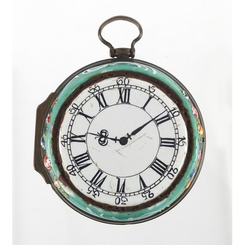 27 - 18th century Bilston enamel faux fob watch pendant, hand painted with floral sprays onto a green gro... 