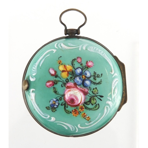 27 - 18th century Bilston enamel faux fob watch pendant, hand painted with floral sprays onto a green gro... 