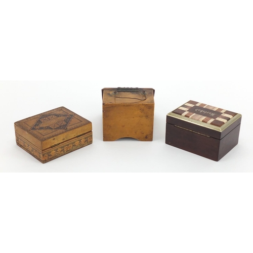 47 - Three treen boxes including a miniature Mauchline Ware coal scuttle, rectangular Tunbridge Ware box ... 