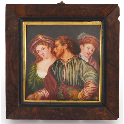 17 - 19th century square hand painted portrait miniature of three classical figures, mounted and framed, ... 