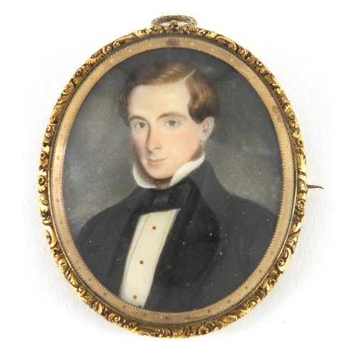16 - 19th century oval hand painted portrait miniature of a young gentleman in formal dress, housed in a ... 