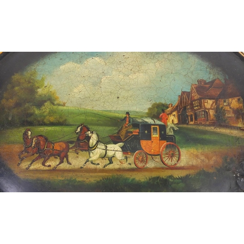 48 - Large Victorian papier-mâché tray, hand painted with a coaching scene, 67cm wide
