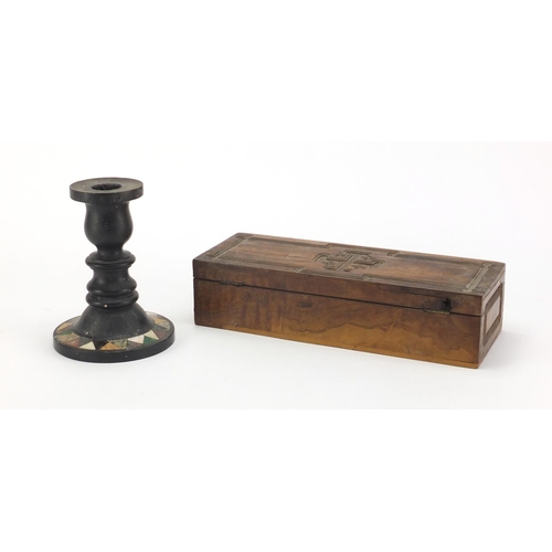 40 - 19th century pietra dura marble candlestick and a rectangular olive wood pen box, the candlestick 14... 