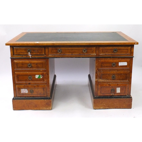 31 - Birdseye maple twin pedestal desk, fitted with nine drawers, 88cm H x 137cm W x 74cm D