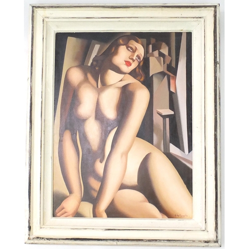 22 - After Tamara De Lepicka - Portrait of A nude Art Deco female, oil on board, mounted and framed, 78cm... 