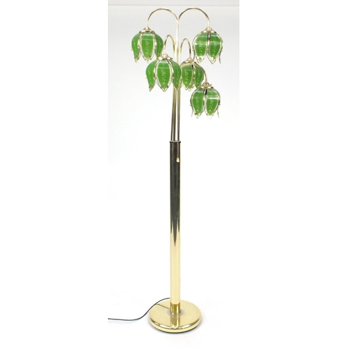 37 - Brass standard lamp with five green glass shades, 174cm high