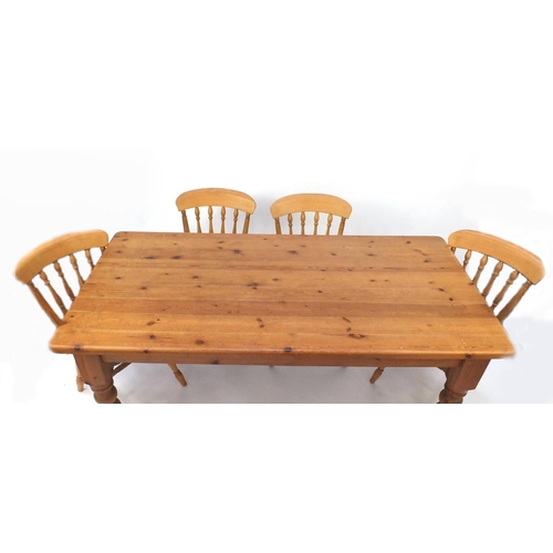 4 - Rectangular pine farm house dining table and six chairs, the table 77cm H x 168cm W x 83cm D