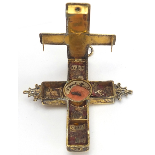 20 - Late 18/19th century silver gilt Relquary cross pendant, possibly Italian, 9cm high