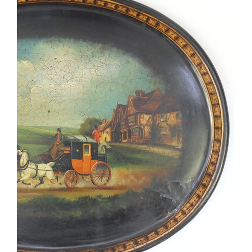 48 - Large Victorian papier-mâché tray, hand painted with a coaching scene, 67cm wide