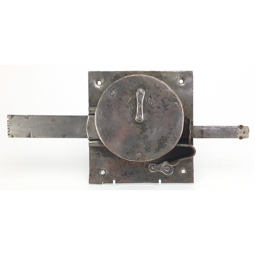 49 - Antique steel lock, with square plate, 41cm wide