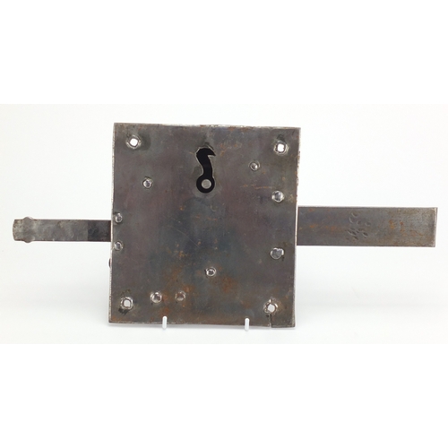 49 - Antique steel lock, with square plate, 41cm wide