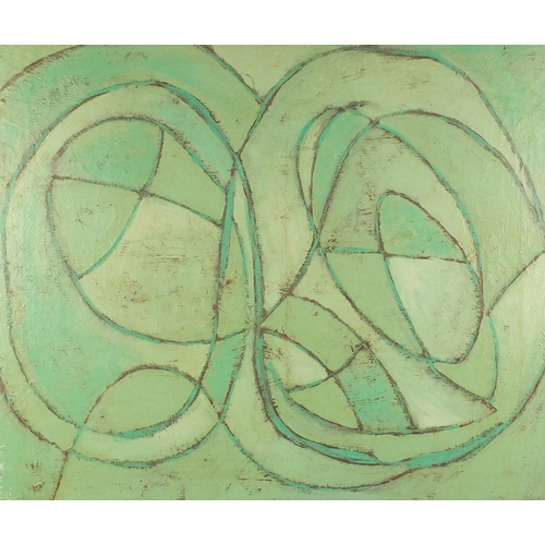 2050 - Abstract composition, green monochrome oil on canvas, bearing an indistinct signature to the lower r... 