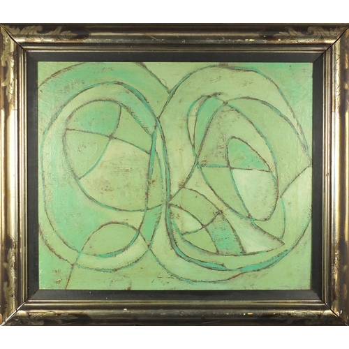 2050 - Abstract composition, green monochrome oil on canvas, bearing an indistinct signature to the lower r... 