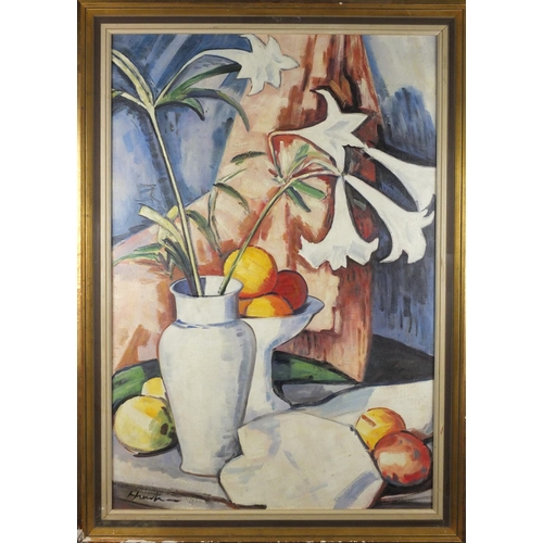 2048 - Still life flowers and fruit, Scottish colourist school oil on board, bearing a signature Hunter and... 