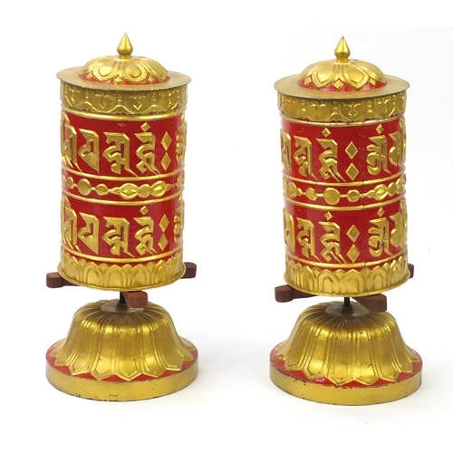 2054 - Large pair of hand painted Tibetan prayer wheels, each approximately 70cm high