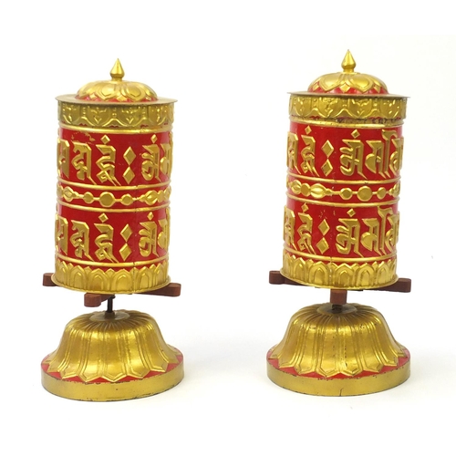 2054 - Large pair of hand painted Tibetan prayer wheels, each approximately 70cm high