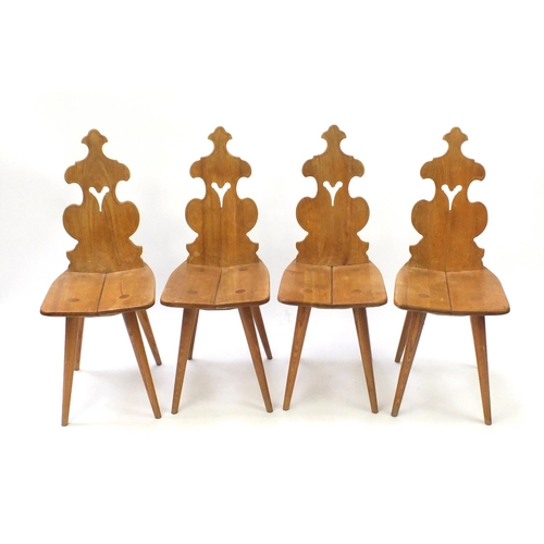 2023 - Set of four mid century elm hall chairs, 90cm high