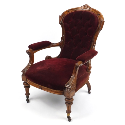 2014 - Victorian walnut gentleman's chair with red velvet button back upholstery, 100cm high
