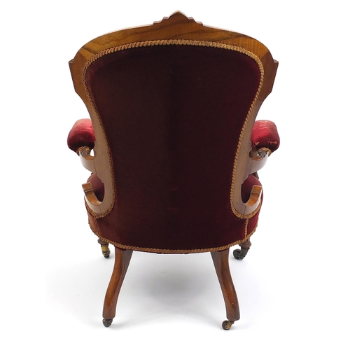 2014 - Victorian walnut gentleman's chair with red velvet button back upholstery, 100cm high