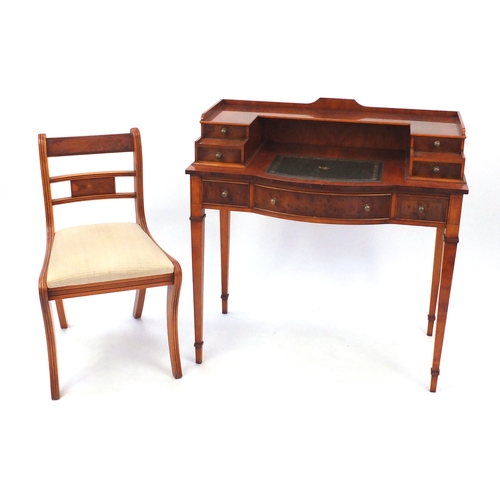 2008 - Inlaid yew ladies writing desk with tooled leather insert and an arrangement of seven drawers togeth... 