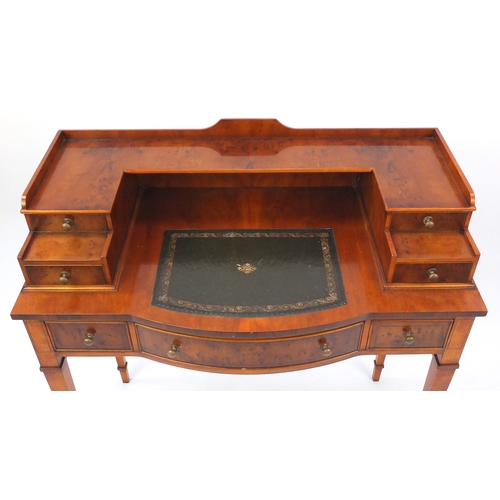 2008 - Inlaid yew ladies writing desk with tooled leather insert and an arrangement of seven drawers togeth... 