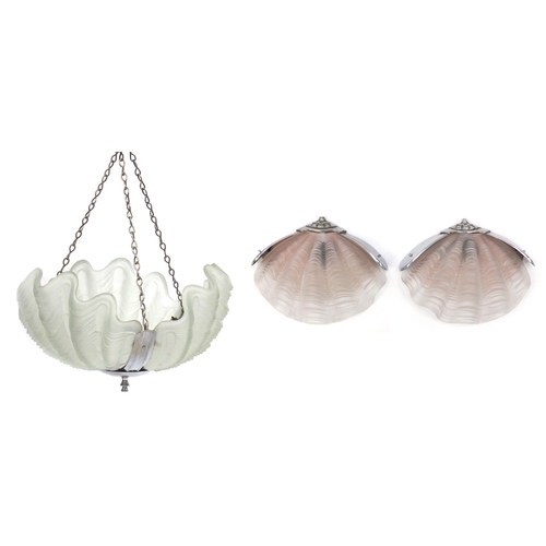 2059 - Art Deco frosted glass light fittings with chrome mounts, comprising two wall sconces and a plafonni... 
