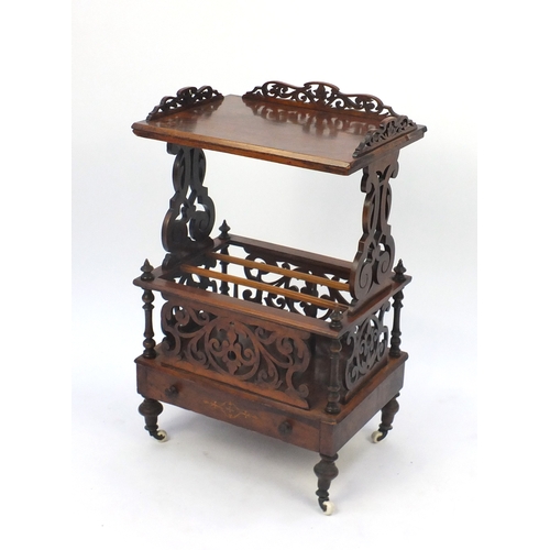 2015 - Victorian walnut Canterbury whatnot, with base drawer and fretwork panels, 88cm H x 56cm W x 40.5cm ... 