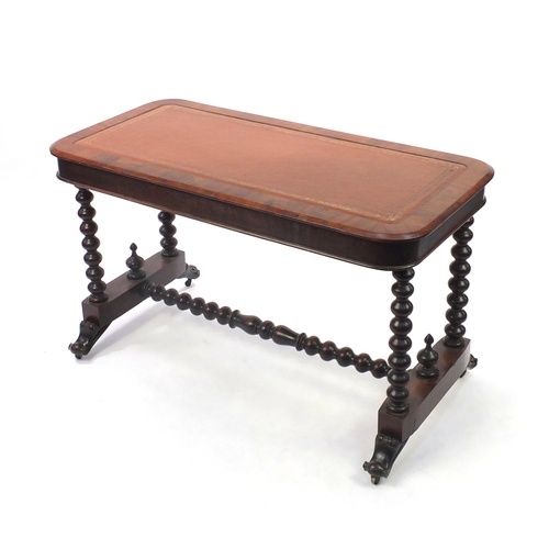 2039 - Mahogany library desk with tooled leather inset, bobbin turned supports and stretcher, 72cm H x 121c... 