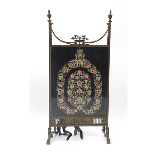 11 - Victorian brass fire screen with needlepoint panel, 102cm high