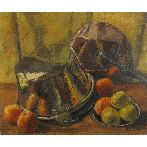 27 - Jean Paul Guinegault - Still life fruit, oil on canvas, unframed, 64.5cm x 54cm