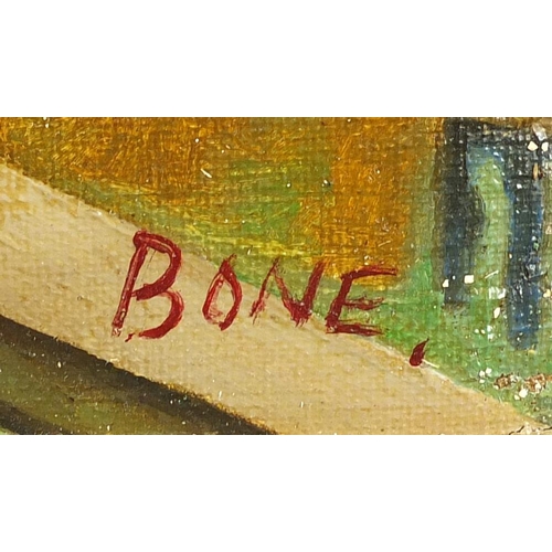 28 - Oxford cityscape, Modern British oil onto board, bearing a signature Bone and inscription verso, fra... 