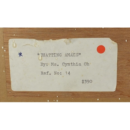 48 - Cynthai Oh - Chatting Amahs, Chinese heightened watercolour with calligraphy and red seal marks, lab... 