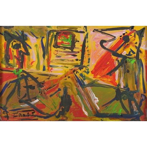51 - Abstract composition, two figures, oil onto paper, bearing a signature Frost, framed, 43.5cm x 29cm