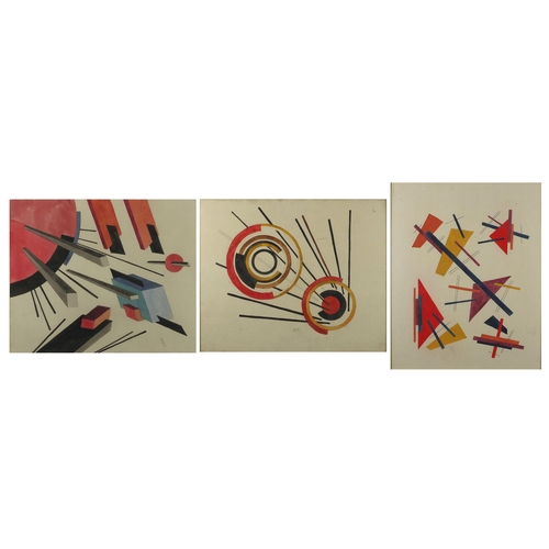 52 - Abstract composition, geometric shapes, three Russian school ink and watercolours each bearing a mon... 