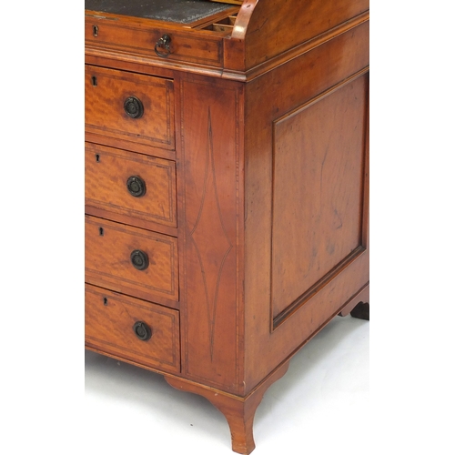 2002 - Satinwood secretaire bookcase, with piano top desk above four central drawers, 164cm H x 55cm W x 55... 