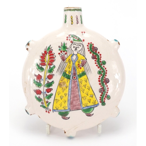 602 - Armenian ceramic water flask, hand painted with two figures in traditional dress, 15cm high