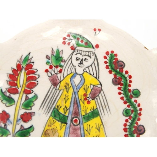 602 - Armenian ceramic water flask, hand painted with two figures in traditional dress, 15cm high