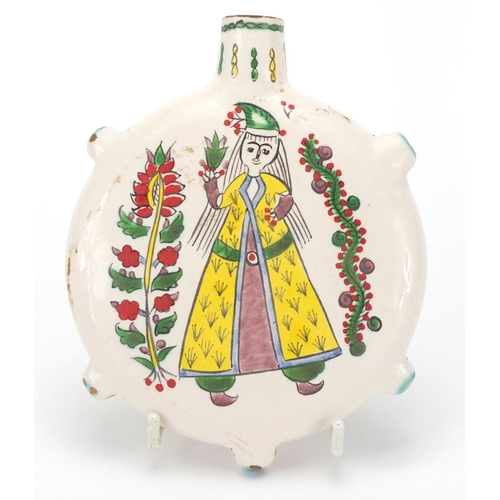 602 - Armenian ceramic water flask, hand painted with two figures in traditional dress, 15cm high