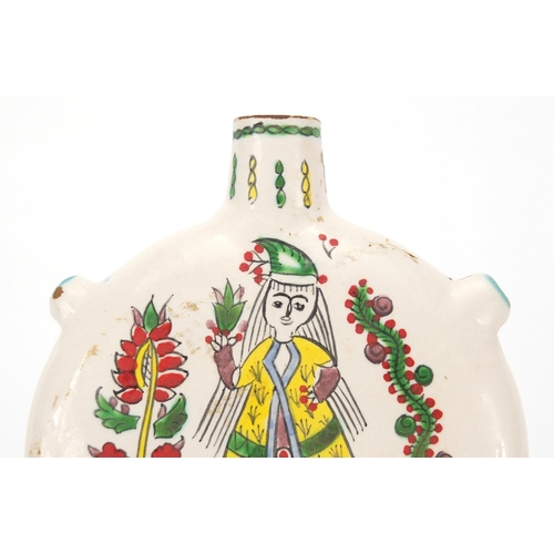 602 - Armenian ceramic water flask, hand painted with two figures in traditional dress, 15cm high