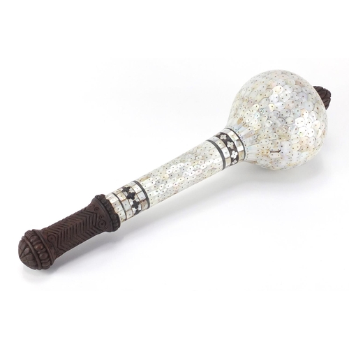 605 - Indian Goa ceremonial carved hardwood mace, overlaid with pinned mother-of-pearl sections, 44cm in l... 