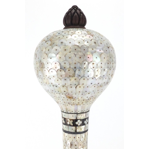 605 - Indian Goa ceremonial carved hardwood mace, overlaid with pinned mother-of-pearl sections, 44cm in l... 