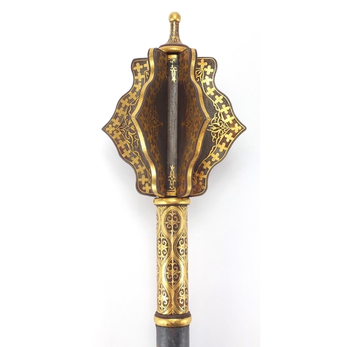 585 - Eastern European gold damascened mace, the flanged head and pommel with foliate motifs, probably Hun... 