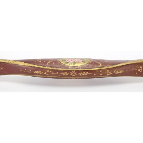 606 - Ottoman lacquered hunting bow of curved form, finely hand painted and gilded with flowers, 89cm in l... 