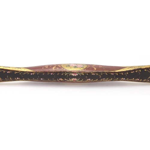 606 - Ottoman lacquered hunting bow of curved form, finely hand painted and gilded with flowers, 89cm in l... 