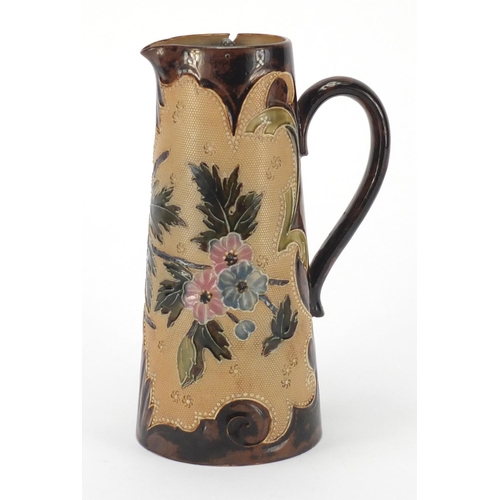 802 - Doulton Slaters jug with pewter swing lid, hand painted with panels of stylised flowers, factory mar... 