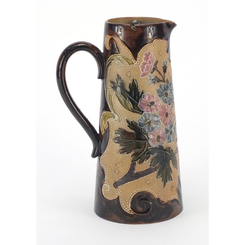 802 - Doulton Slaters jug with pewter swing lid, hand painted with panels of stylised flowers, factory mar... 