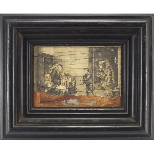 3 - 18/19th century rectangular ivory and penwork panel depicting a tavern scene, framed, 21cm x 12cm ex... 