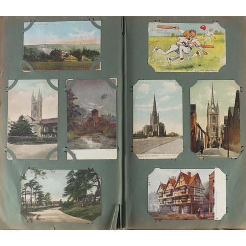 190 - Comical, sweetheart, topographical and social history postcards arranged in two albums, some photogr... 