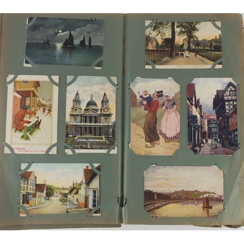 190 - Comical, sweetheart, topographical and social history postcards arranged in two albums, some photogr... 