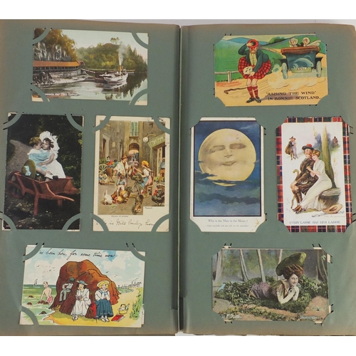 190 - Comical, sweetheart, topographical and social history postcards arranged in two albums, some photogr... 